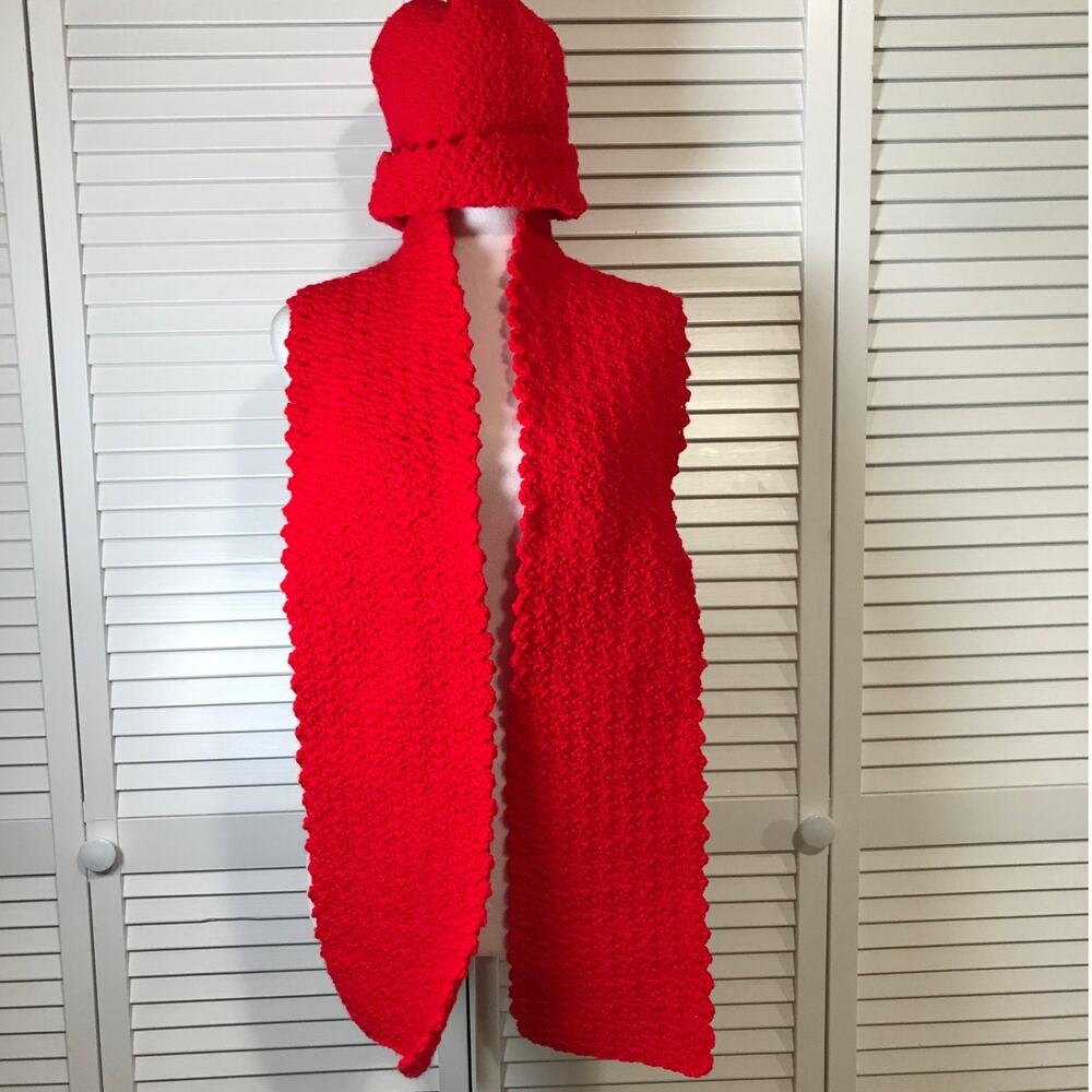 Handmade Crochet Red Textured Thick Winter Scarf & Beanie Set